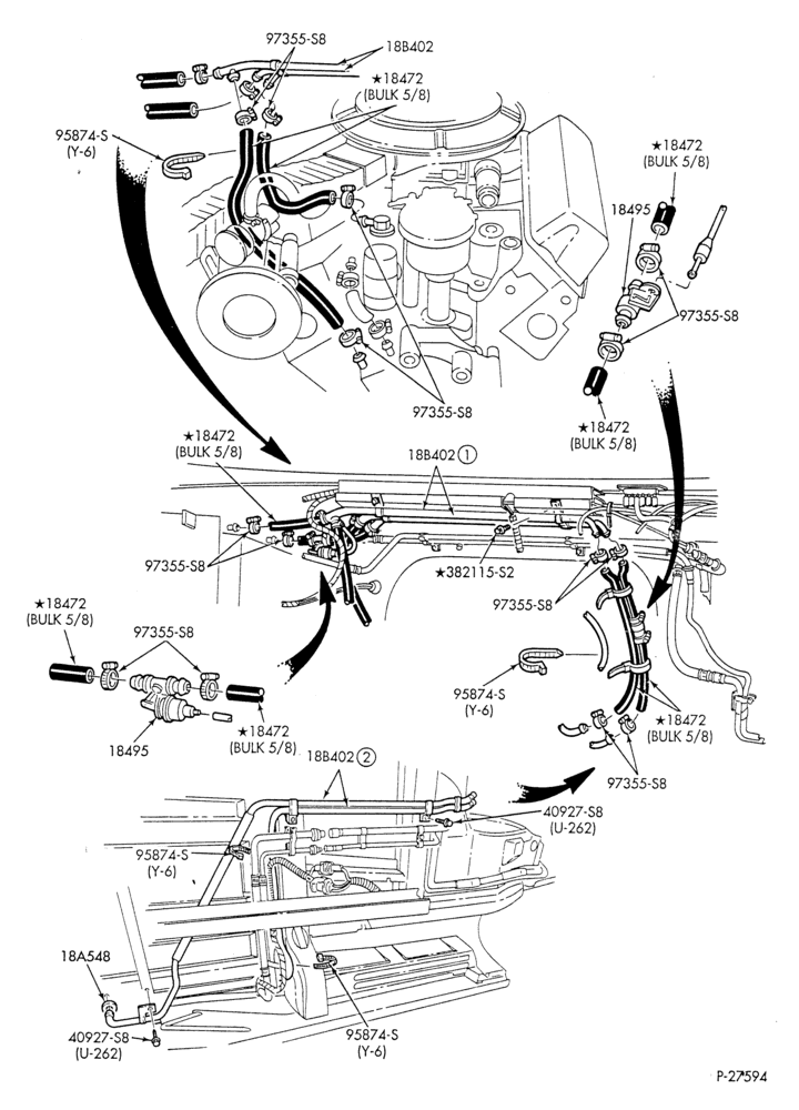 Схема HEATER HOSES & TUBES-8 cyl. - 5.0L - w/aux. A/C - w/aux. heat-E