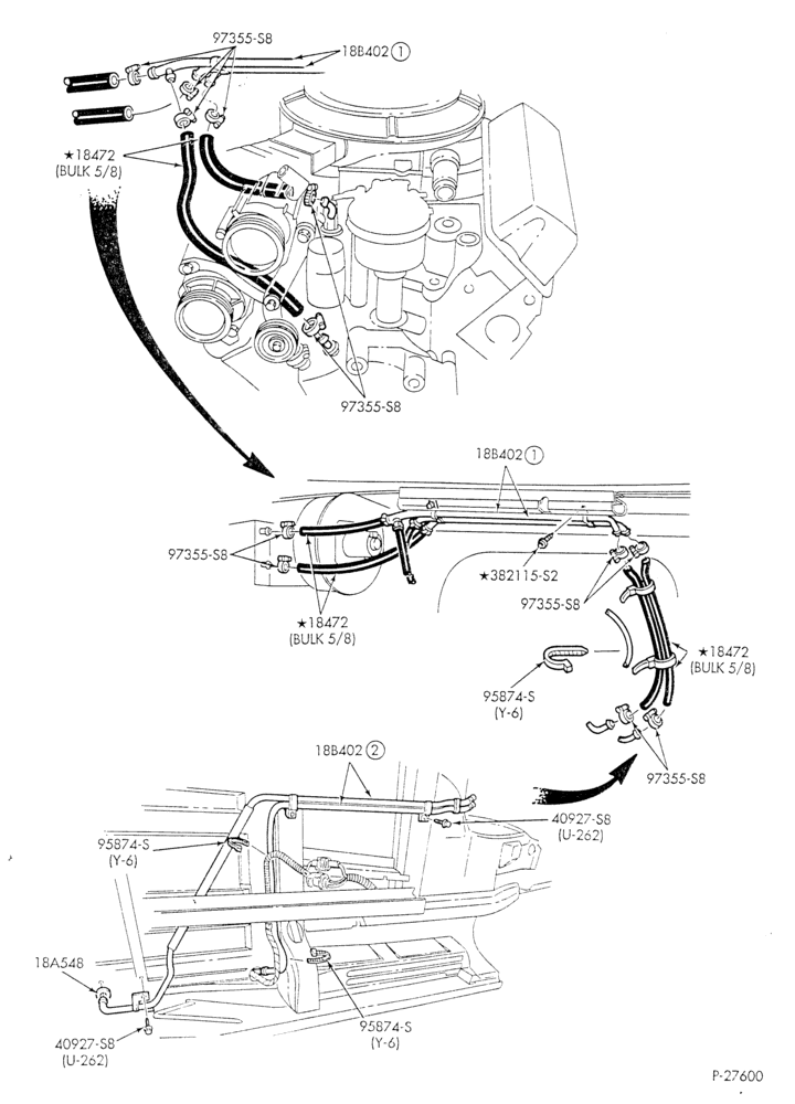 Схема HEATER HOSES & TUBES-8 cyl. - 5.8L - w/o A/C - w/aux. heat - exc. California-E