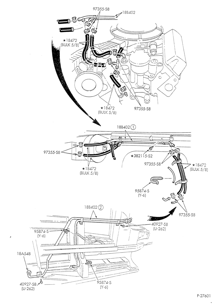 Схема HEATER HOSES & TUBES-8 cyl. - 5.8L - w/o A/C - w/aux. heat - California-E