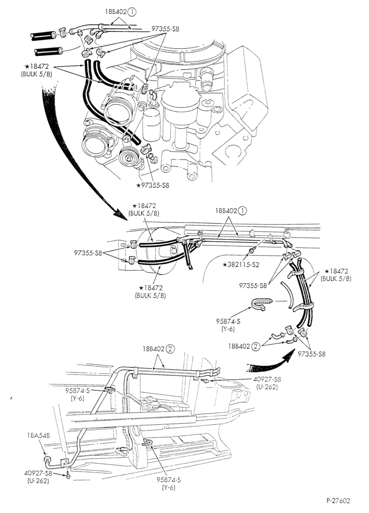 Схема HEATER HOSES & TUBES-8 cyl. - 5.8L - w/A/C - w/aux. heat - exc. California-E