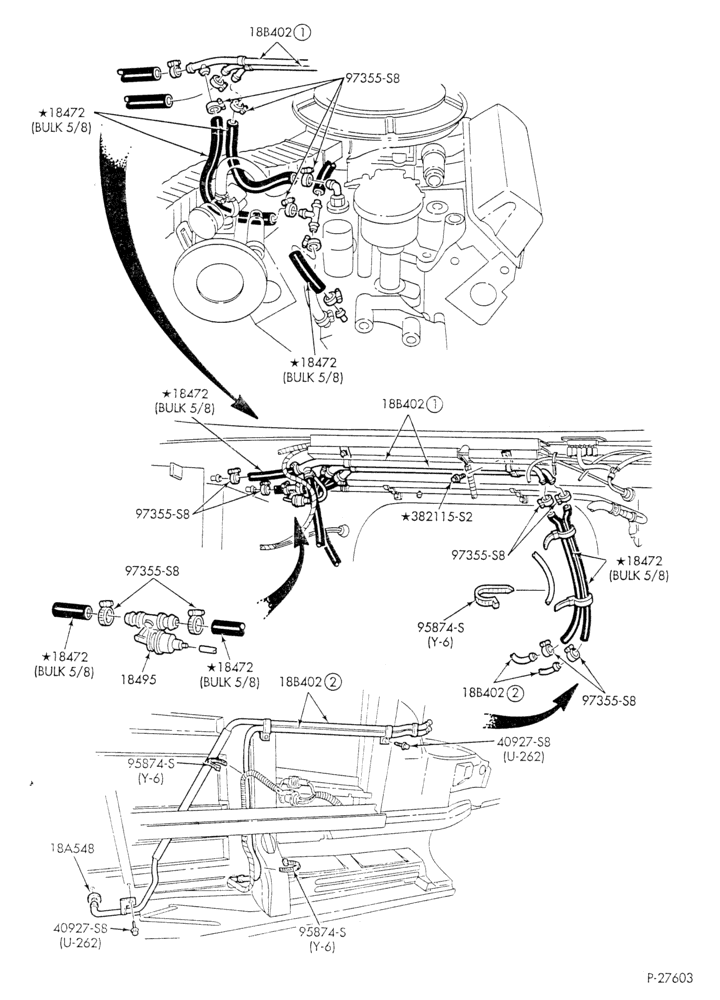 Схема HEATER HOSES & TUBES-8 cyl. - 5.8L - w/A/C - w/aux. heat - California-E