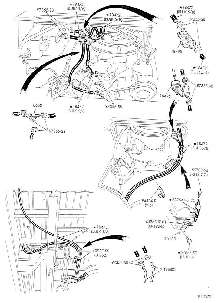 Схема HEATER HOSES & TUBES-8 cyl. - 5.0L - w/A/C - w/aux. heat - exc. California - L.W.B.-E - Page B