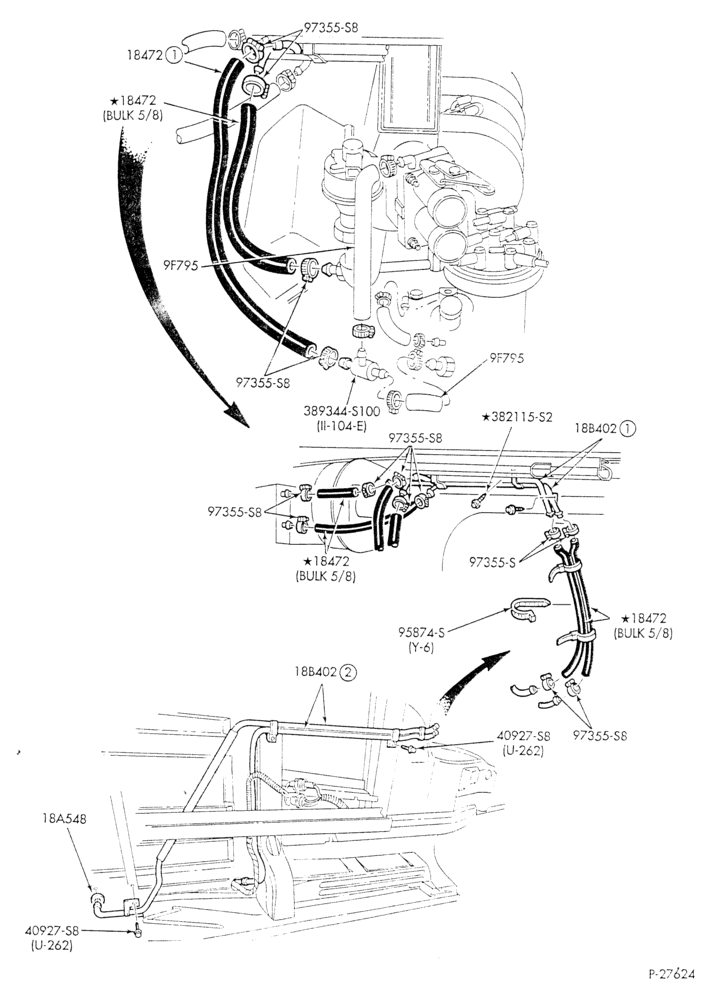 Схема HEATER HOSES & TUBES-8 cyl. - 5.0L - w/o A/C - w/aux. heat-E