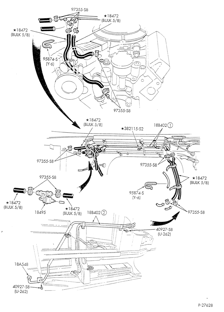 Схема HEATER HOSES & TUBES-8 cyl. - 5.8L - w/A/C - w/aux. heat - exc. California-E - Page A