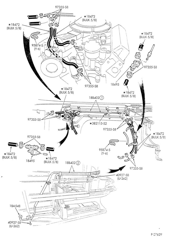 Схема HEATER HOSES & TUBES-8 cyl. - 5.8L - w/A/C - w/aux. heat - exc. California-E - Page B