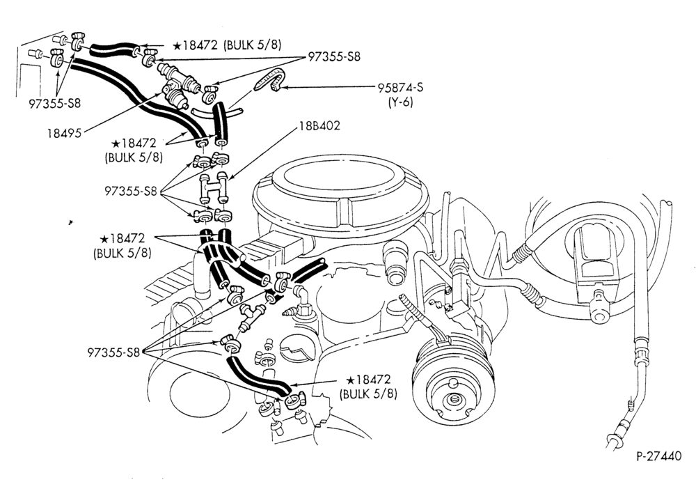 Схема HEATER HOSES & TUBES-8 cyl. - 5.0L - w/A/C - w/o aux. heat - California-E