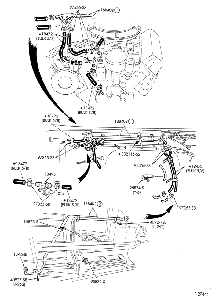 Схема HEATER HOSES & TUBES-8 cyl. - 5.0L - w/A/C - w/aux. heat - California-E