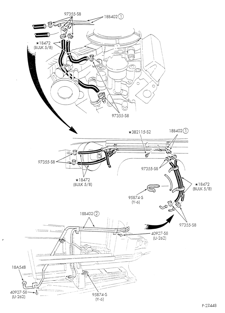 Схема HEATER HOSES & TUBES-8 cyl. - 5.8L - w/o A/C - w/aux. heat - exc. California-E