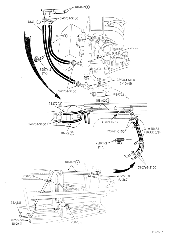 Схема HEATER HOSES & TUBES-8 cyl. - 5.0L - w/o A/C - w/aux. heat-E