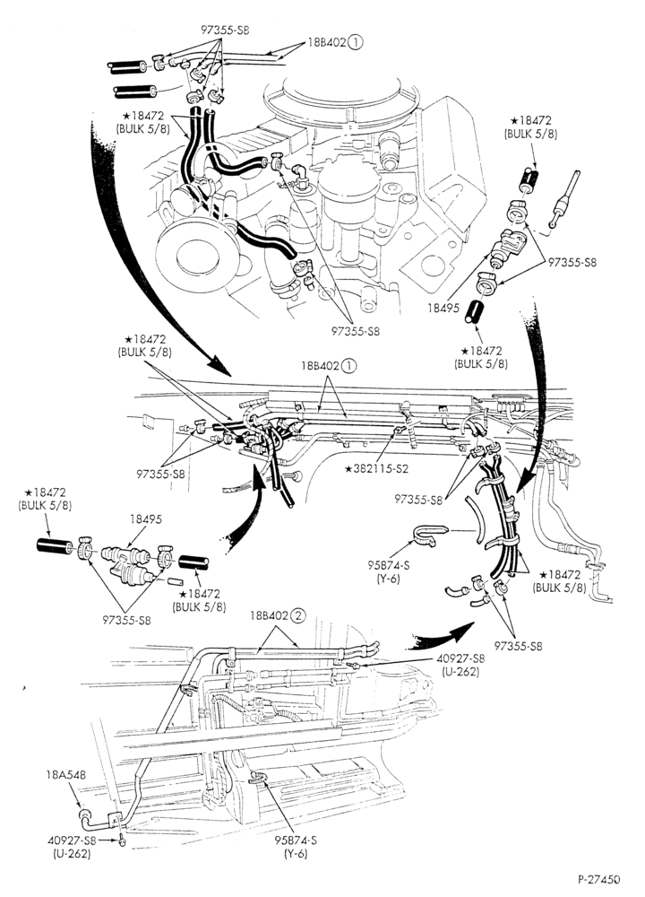 Схема HEATER HOSES & TUBES-8 cyl. - 5.8L - w/aux. A/C - w/aux. heat  2V eng. over 8500 G.V.W.- 4V eng. under 8500 G.V.W.-E