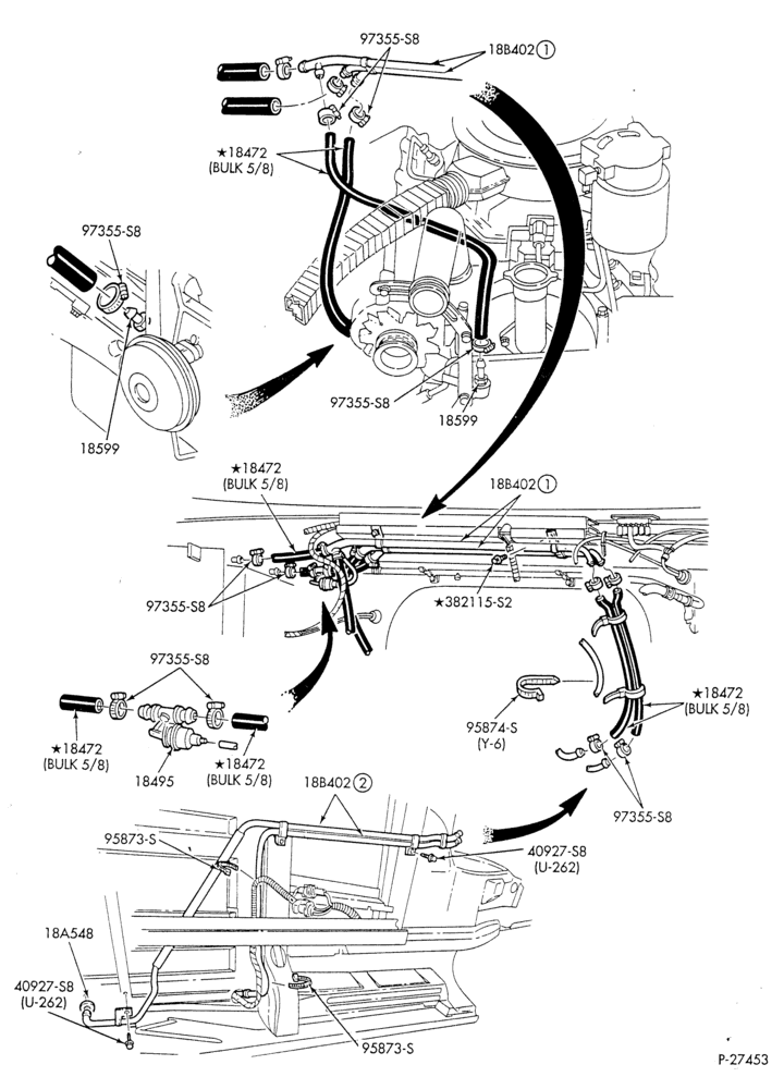 Схема HEATER HOSES & TUBES-8 cyl. - 6.9L - w/o A/C - w/aux. heat-E