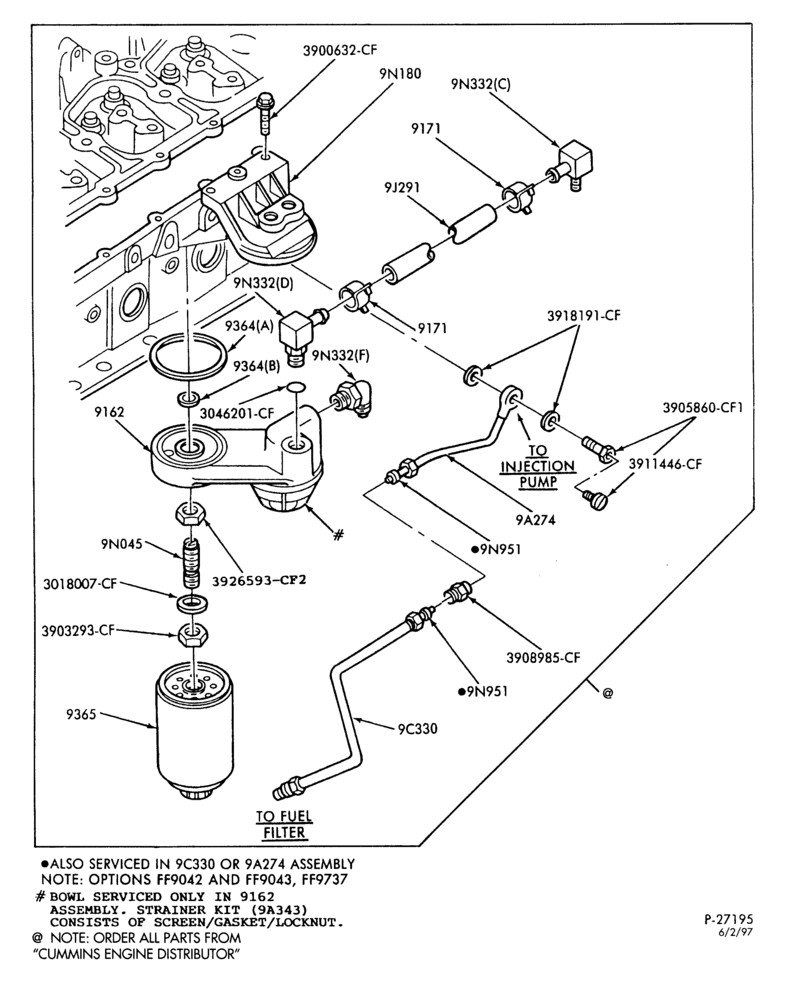 Схема 6 CYL. FD-1060 DIESEL-Fuel filter details - 175, 190, 210 & 230 H.P. without electric engine fuel heater