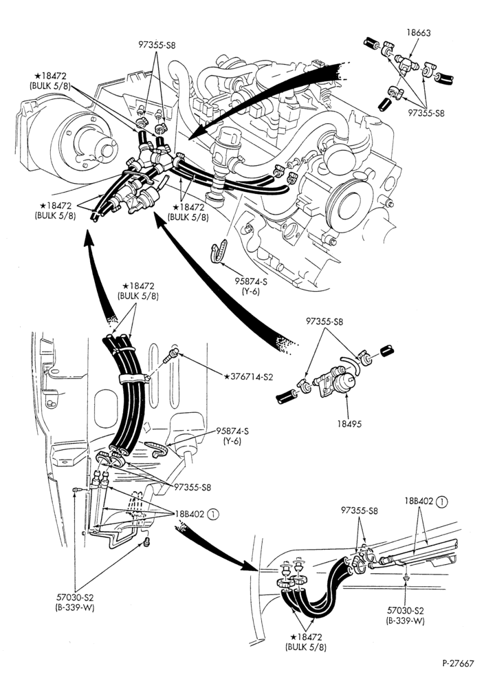 Схема HEATER HOSES & TUBES-8 cyl. - 5.0L & 5.8L - w/o A/C - w/aux. heat - California-U