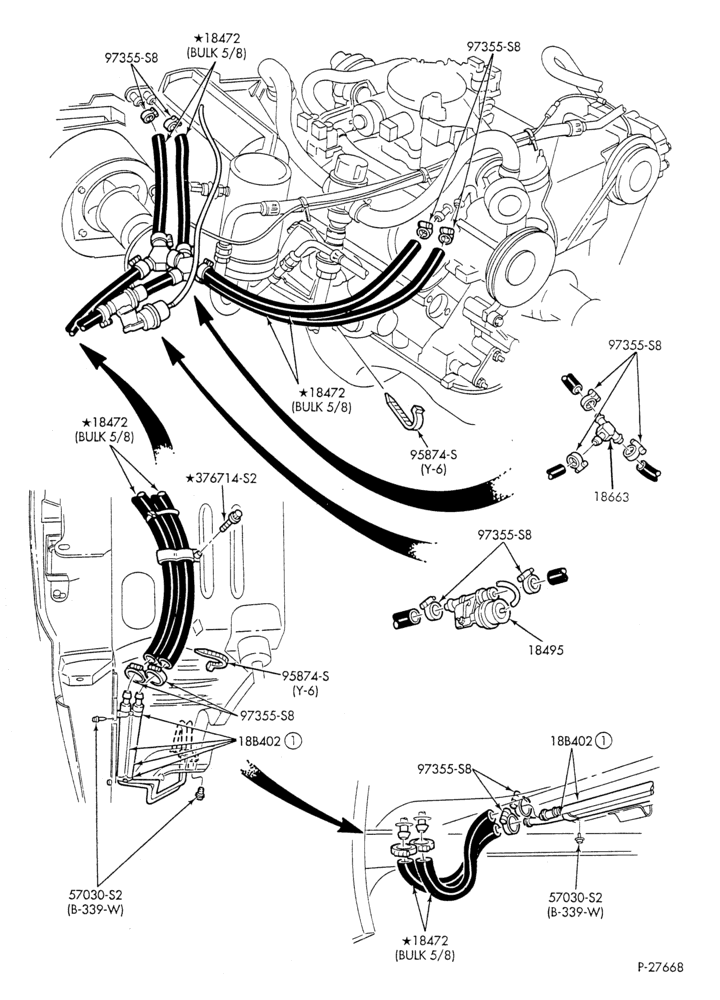 Схема HEATER HOSES & TUBES-8 cyl. - 5.0L & 5.8L - w/A/C - w/aux. heat - California-U