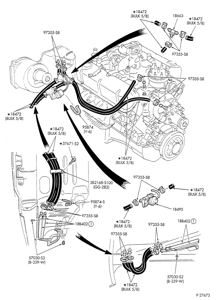 Схема HEATER HOSES & TUBES-8 cyl. - 5.8L - w/o A/C - w/aux. heat-U