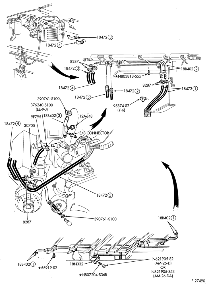 Схема Отопители — Шланги отопителя - 8 cyl. 5.0L - with a/c - with aux. heater-E150/250