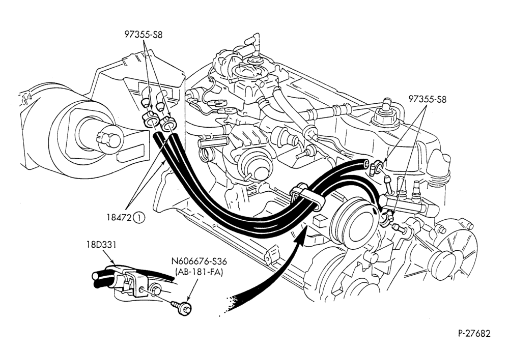 Схема HEATER HOSES & TUBES-6 cyl. - 4.9L - w/o A/C - exc. Canada-F & U