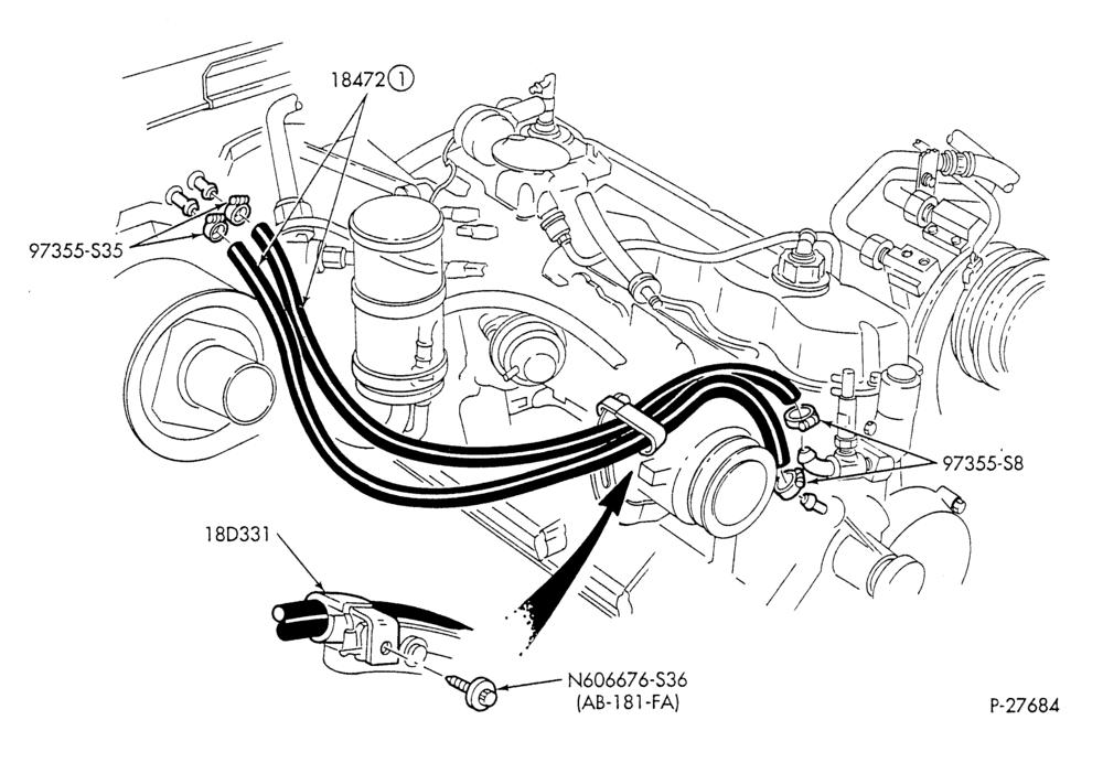 Схема HEATER HOSES & TUBES-6 cyl. - 4.9L - w/A/C-F & U