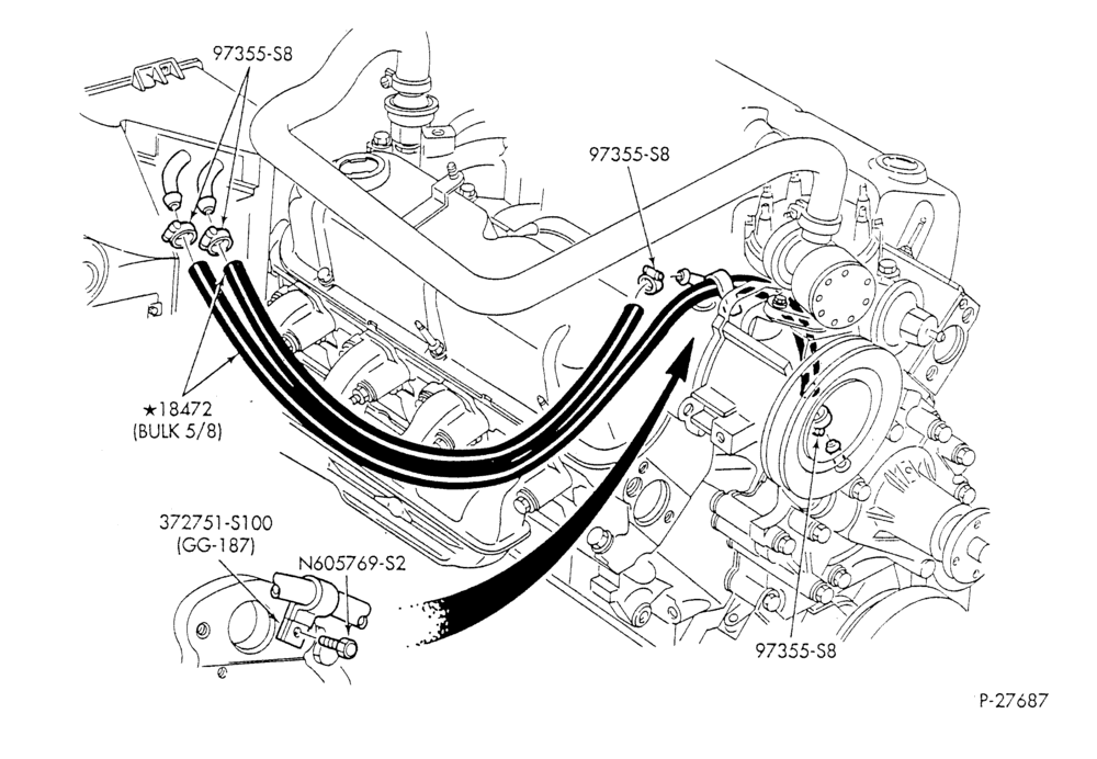 Схема HEATER HOSES & TUBES-8 cyl. - 5.8L - w/o A/C - under 8500 G.V.W.-F & U
