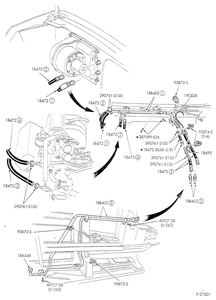 Схема HEATER HOSES & TUBES-8 cyl. - 5.0L - w/o A/C - w/aux. heat-E
