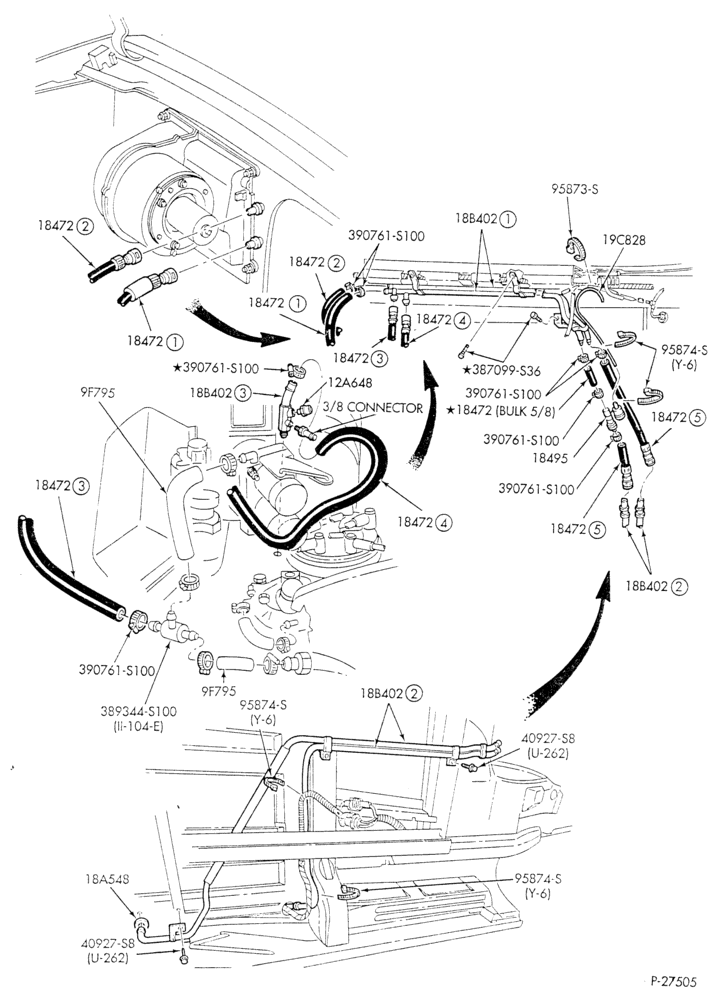 Схема HEATER HOSES & TUBES-8 cyl. - 5.8L - w/o A/C - w/aux. heat-E