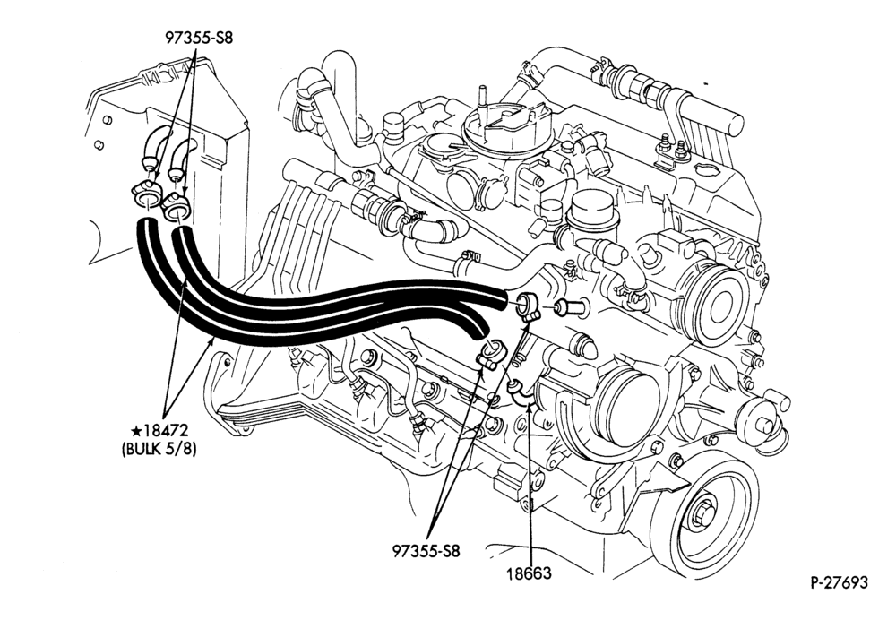 Схема HEATER HOSES & TUBES-8 cyl. - 7.5L - w/o A/C - exc. California-F & U
