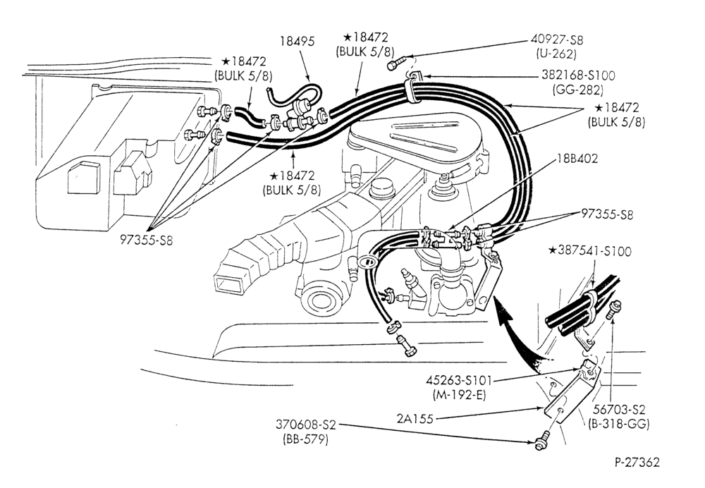 Схема HEATER HOSES & TUBES-6 cyl. - 4.9L - w/o aux. heat - w/deluxe Hi-Lo heater-E