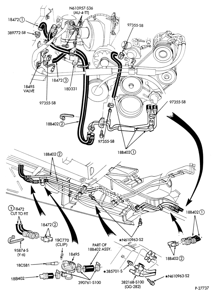 Схема HEATER HOSES & TUBES-6 cyl. - 2.8L - w/aux. A/C - w/aux. heat-A