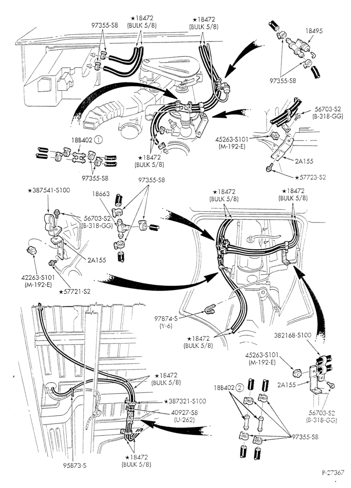 Схема HEATER HOSES & TUBES-6 cyl. - 4.9L - w/o A/C - w/aux. heat - w/deluxe Hi-Lo heater - S.W.B.-E