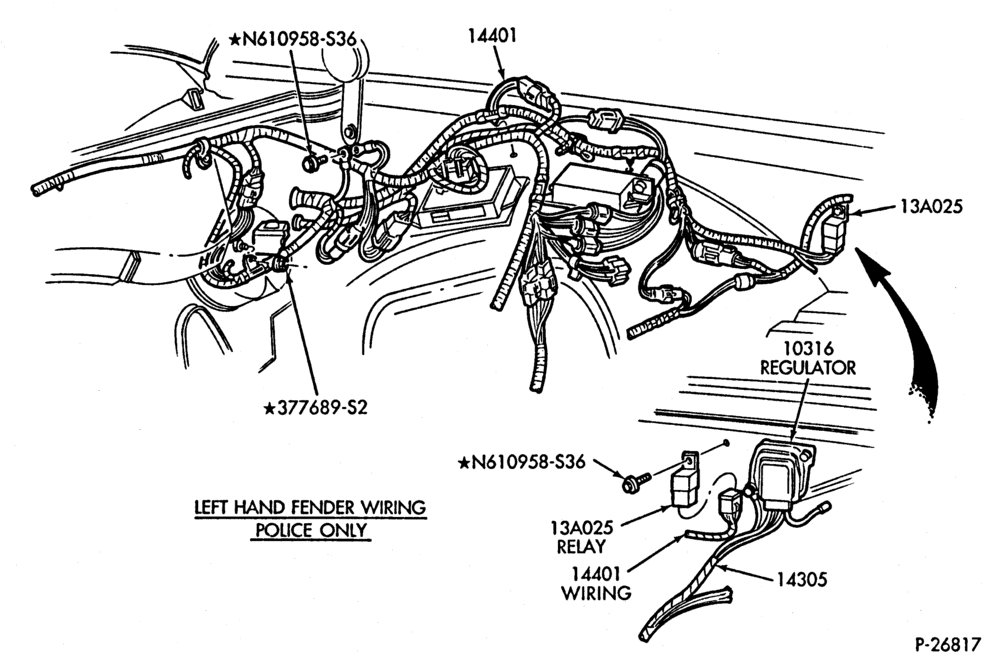 Схема ELECTRICAL SYSTEMS-Wiring system  - L.H. fender wiring- 8 cyl. 351 (5.8L) police only