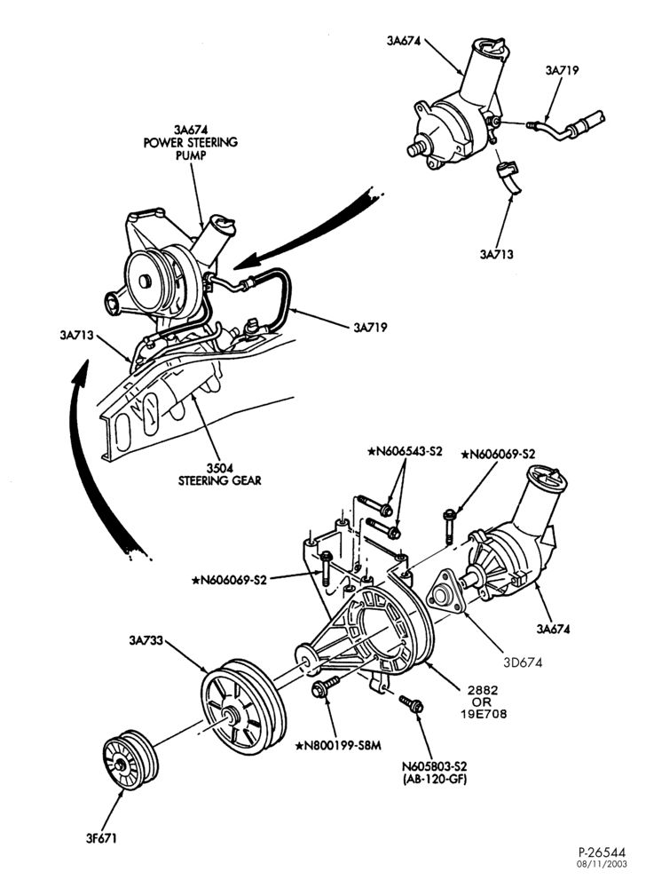 Схема STEERING-Power steering system - Pump installation - 4 cyl. 2.3L - Gas-R