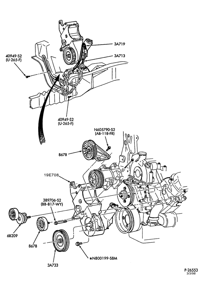 Схема STEERING-Power steering system - Pump installation - 8 cyl. 7.3L diesel-F250/350
