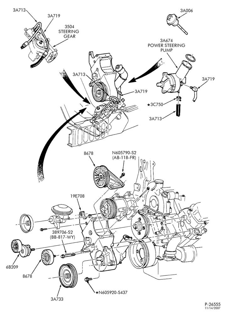 Схема STEERING-Power steering system - Pump installation - 8 cyl. 7.3L - Diesel-E250/450