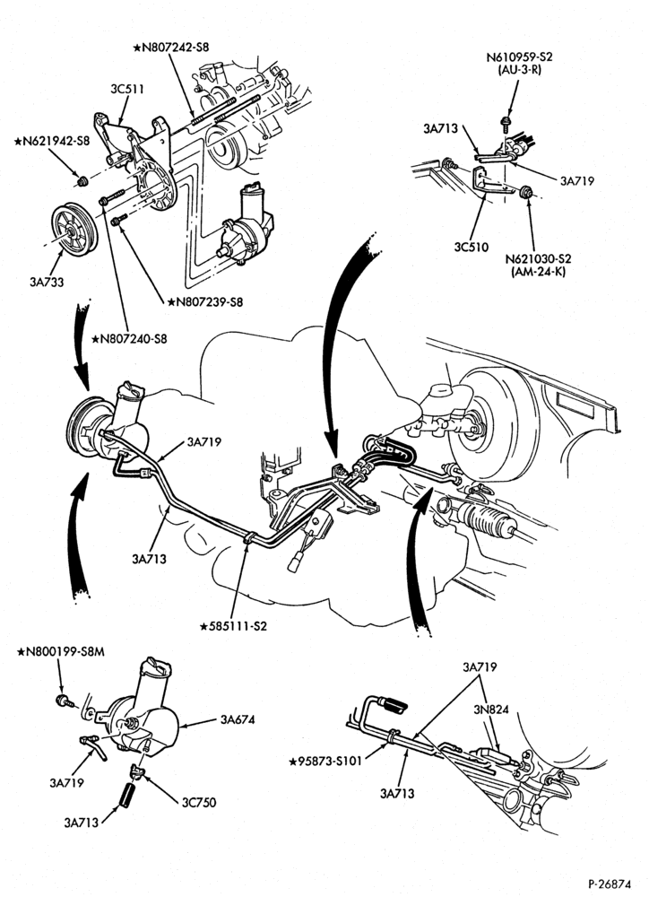Схема STEERING-Power steering system - Pump installation - 6 cyl. 3.0L - w/o VAPS - w/o oil cooler