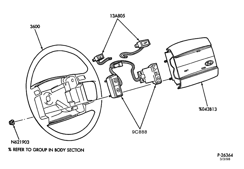 Схема STEERING WHEEL & HORN-4-spoke wheel - horn blowing pad - without air bag-E150/350,E(Super Duty)