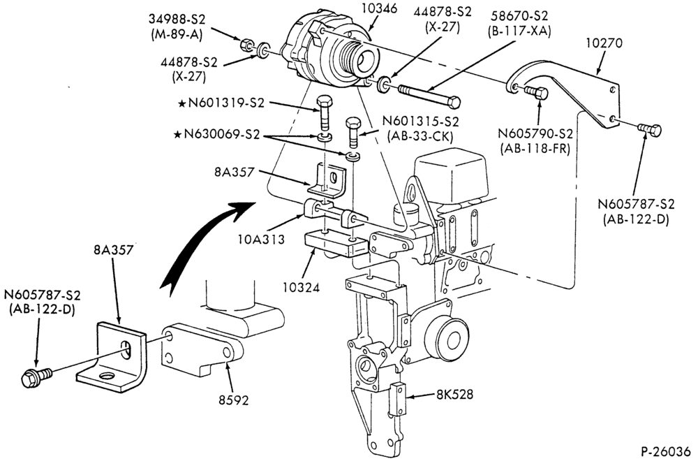 Схема Генератор, INSTRUMENT CLUSTER, BATTERY-Alternator mounting brackets - 6 cyl. FD-1060 diesel - Motorcraft - 95 amp.