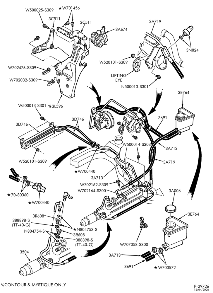Схема FRONT SUSPENSION AND STEERING-Power steering system - Hose installation - 4 cyl. 2.0L
