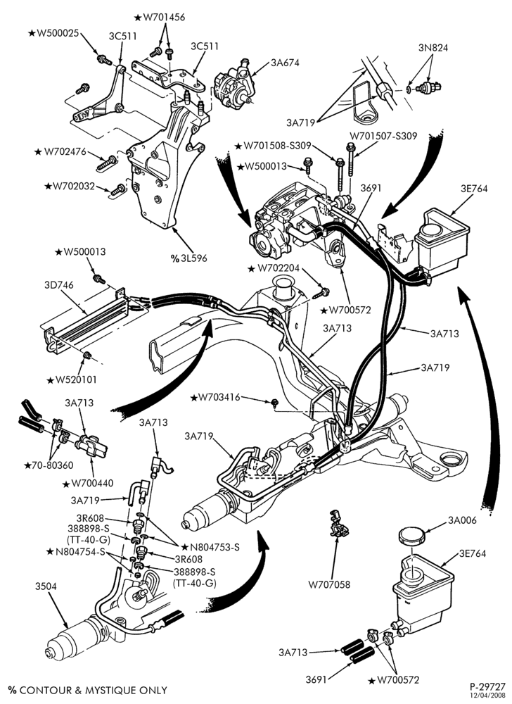 Схема FRONT SUSPENSION AND STEERING-Power steering system - Hose installation - 6 cyl. 2.5L