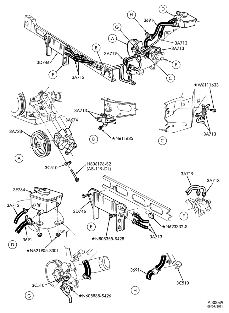 Схема STEERING-Power steering system - Pump installation - 8 cyl. 4.6L - w/oil cooler