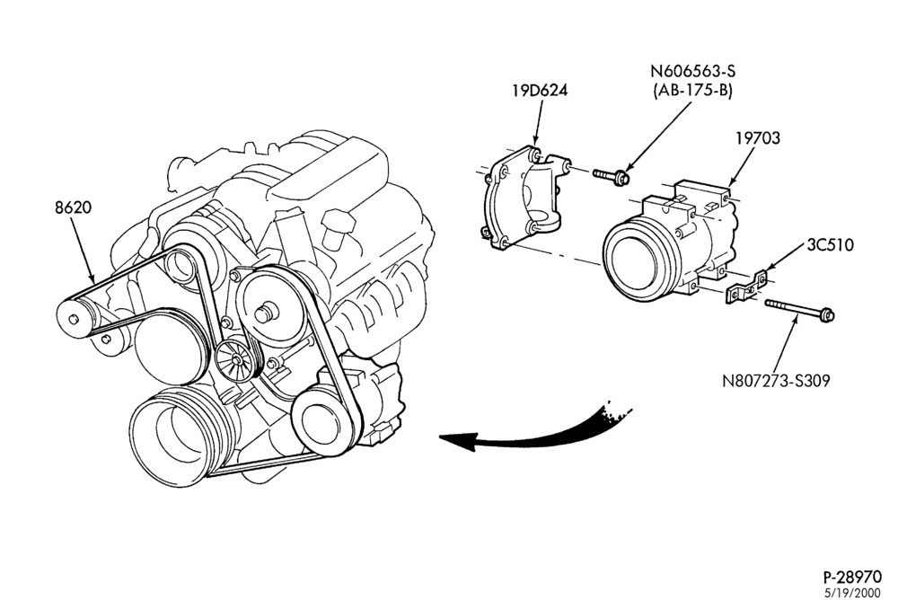 Схема AIR CONDITIONING-Compressor installation - integral - 6 cyl. 3.8L-TW