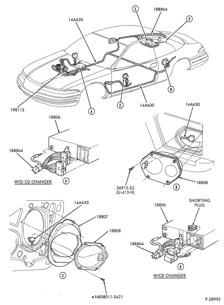 Схема Аудиосистема, ANTENNAS AND SPEAKERS-Radio - AM/FM, cassette player, CD player & changer, amplifier, speakers & wiring - Page A