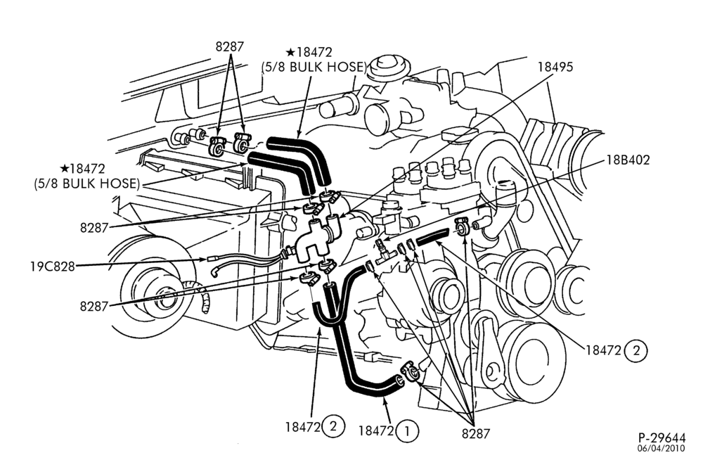 Схема Отопители — Шланги отопителя - 4 cyl. 2.3L — R
