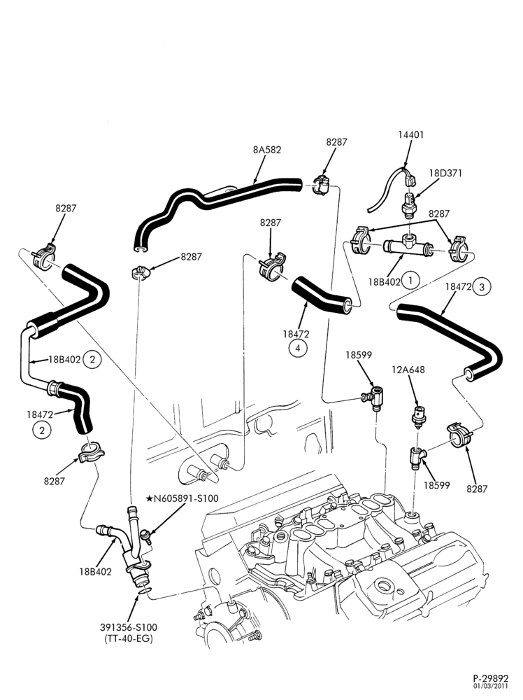 Схема HEATERS-Heater hose installation - 6 cyl. 3.8L - w/ATC