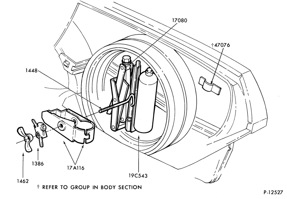 Схема SPEEDOMETER, BUMPERS, MIRRORS AND WIPERS-Jack and spare wheel parts