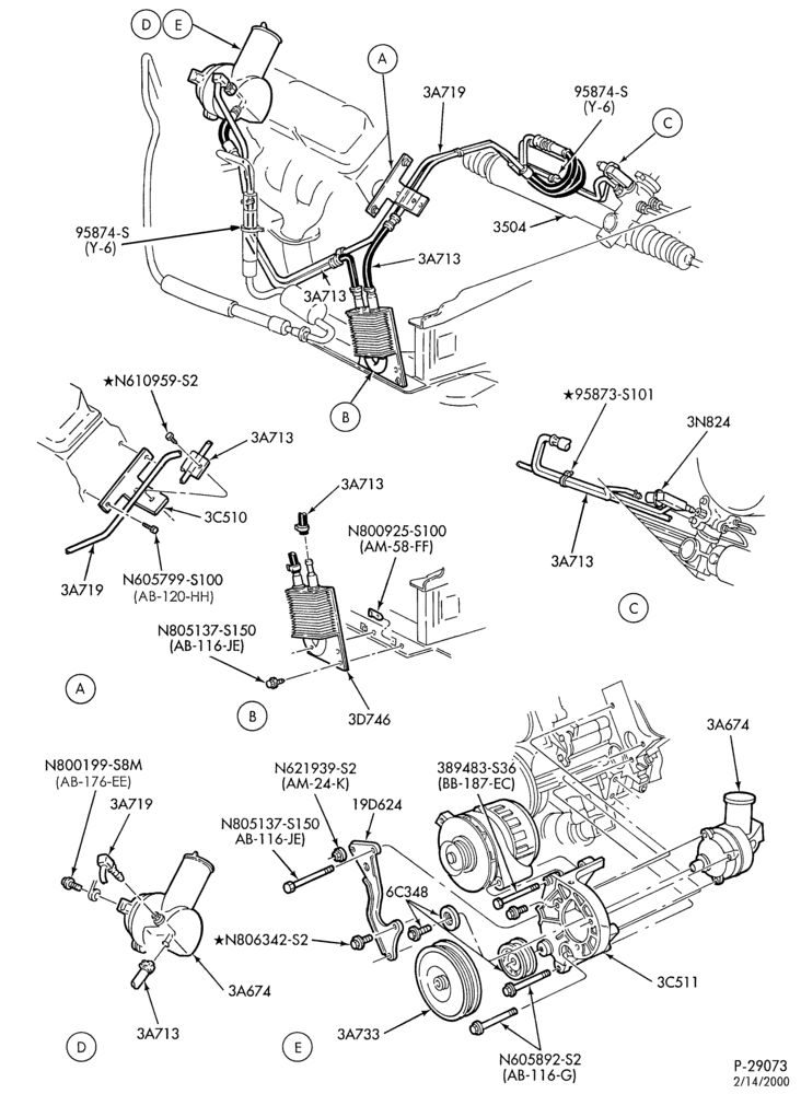 Схема STEERING-Power steering system - Pump installation - 6 cyl. 3.8L - Taurus Police