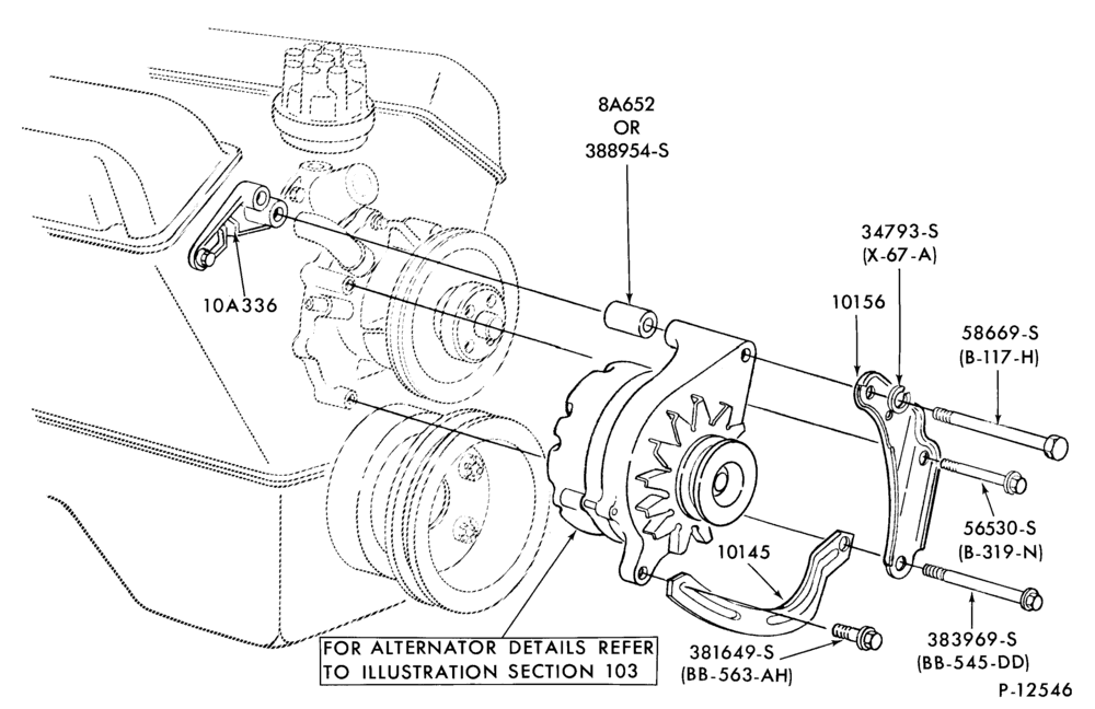 Схема DISTRIBUTOR AND IGNITION SYSTEM-Alternator mounting brackets - 8 cyl. 255 and 302