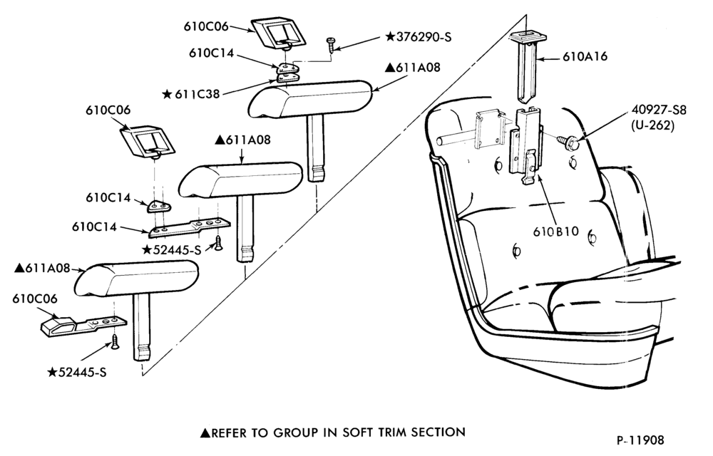 Схема SEATS AND SEAT BELTS-Front seat head rest and related parts