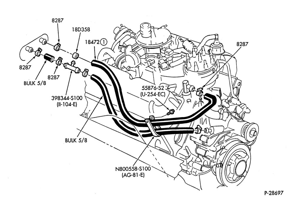 Схема HEATER HOSES & TUBES-8 cyl. - 5.0L - w/o A/C-F,J