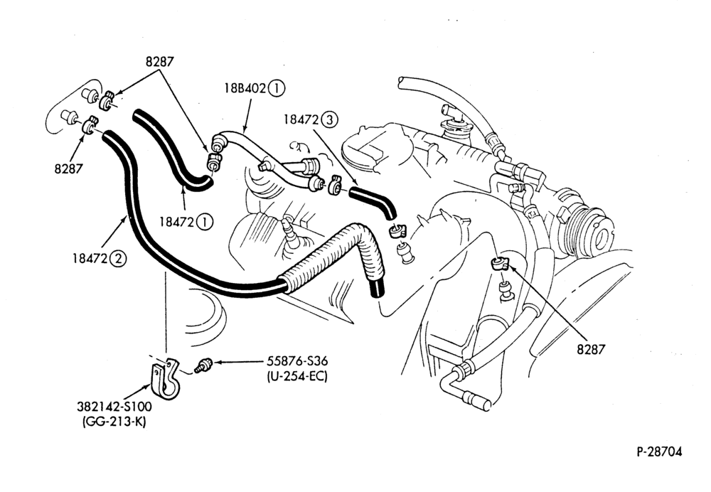 Схема HEATER HOSES & TUBES-6 cyl. - 3.8L - w/o A/C-F,J
