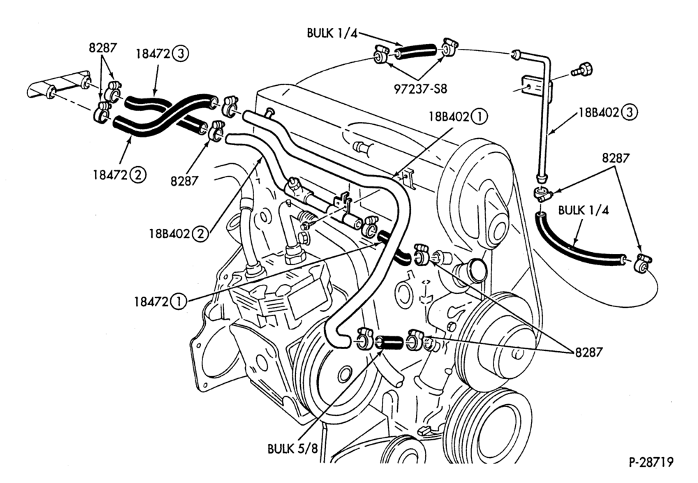 Схема HEATER HOSES & TUBES-4 cyl. - 2.3L - w/A/C - w/o Turbo-F,J